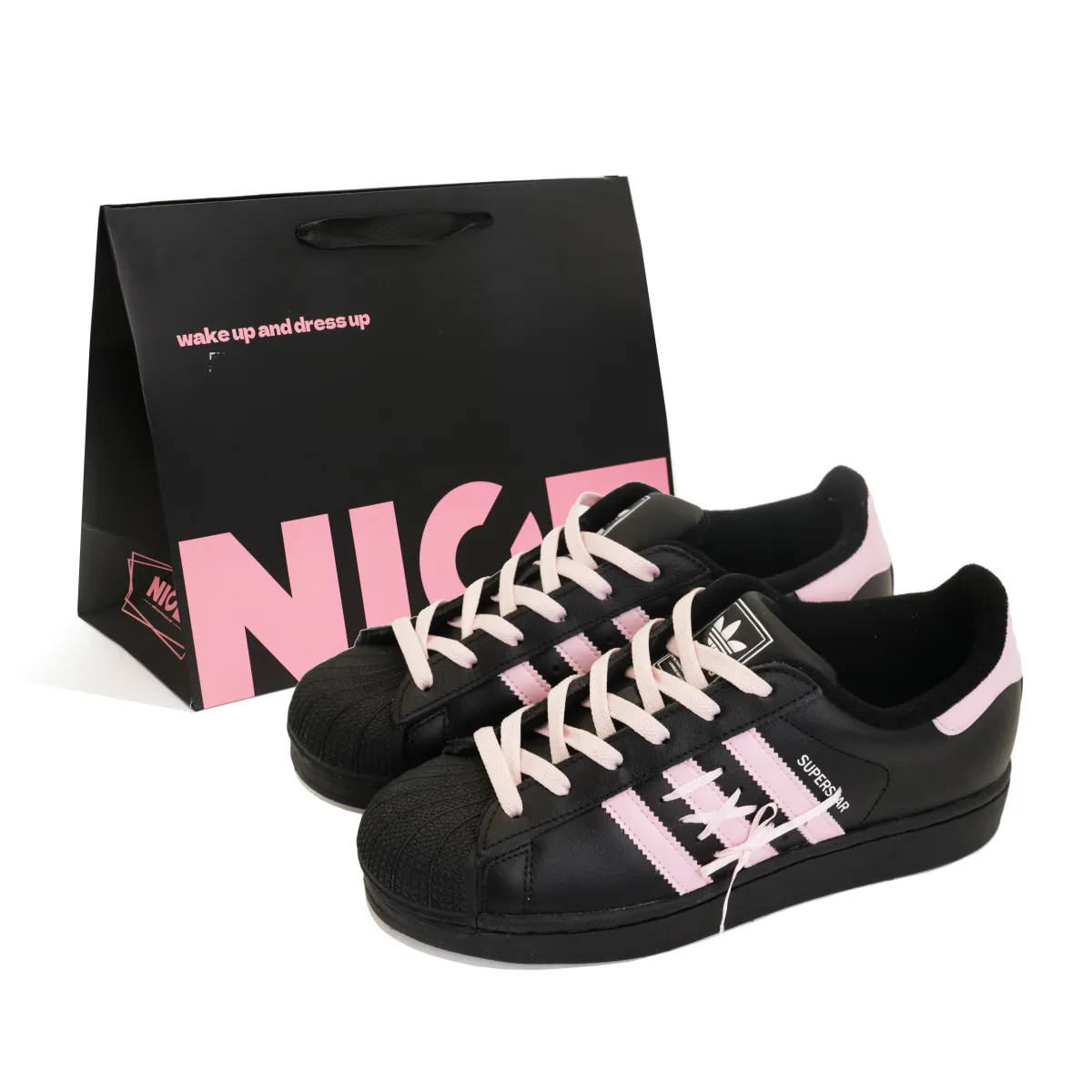 Adidas Originals SUPERSTAR Black Sugar Rose Abrasion Resistant Low top Skateboard Shoes Women's Black Pink