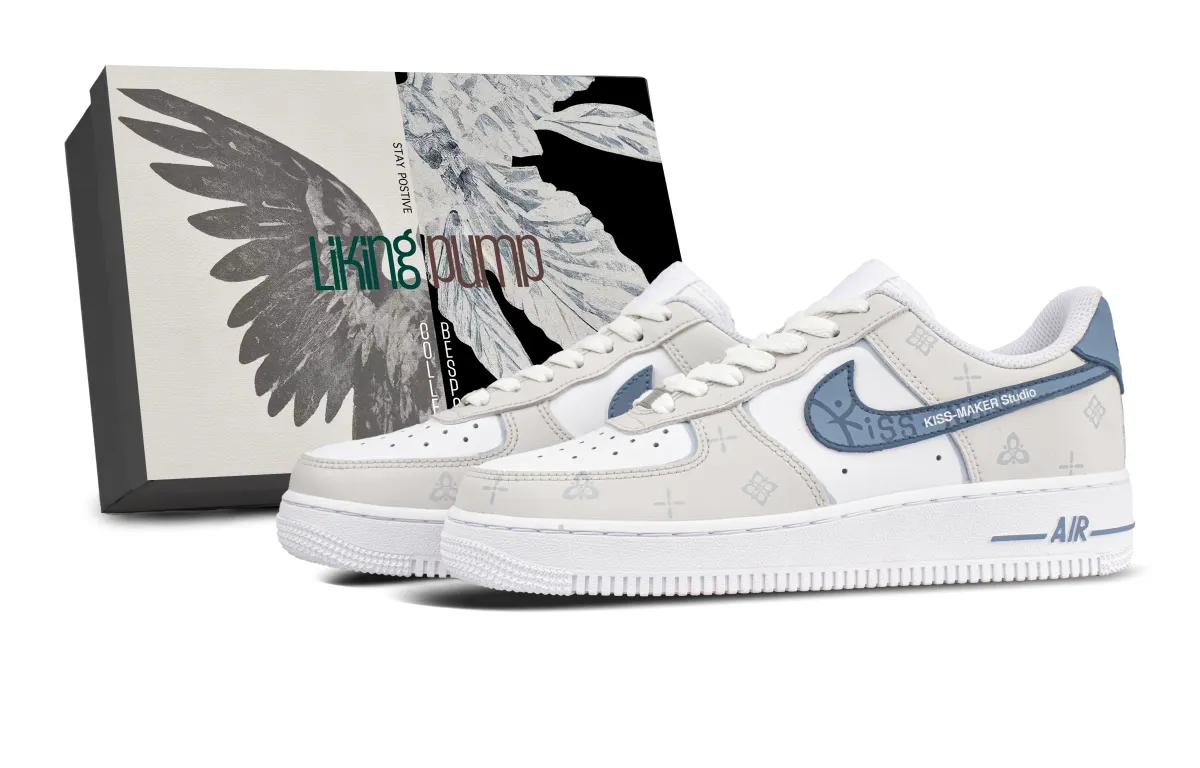 Nike Air Force 1 Slip Resistant Abrasion Resistant Low top Skateboard Shoes Unisex Beige Blue