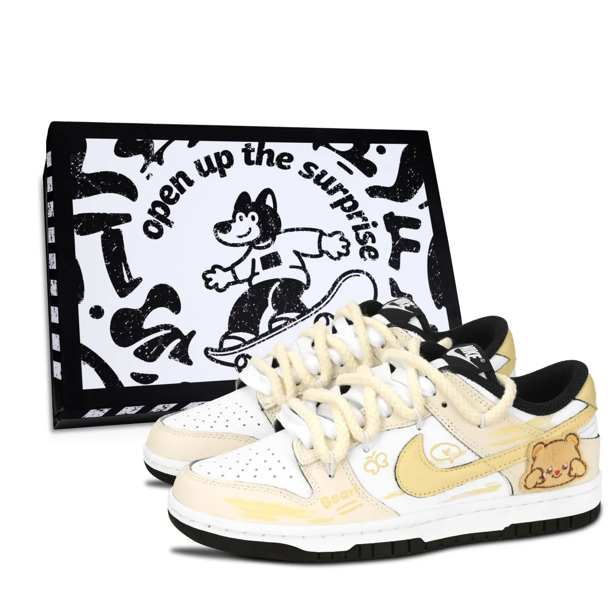 Nike Dunk Black White, Soft Bear Low top Skateboard Shoes Unisex Light Yellow