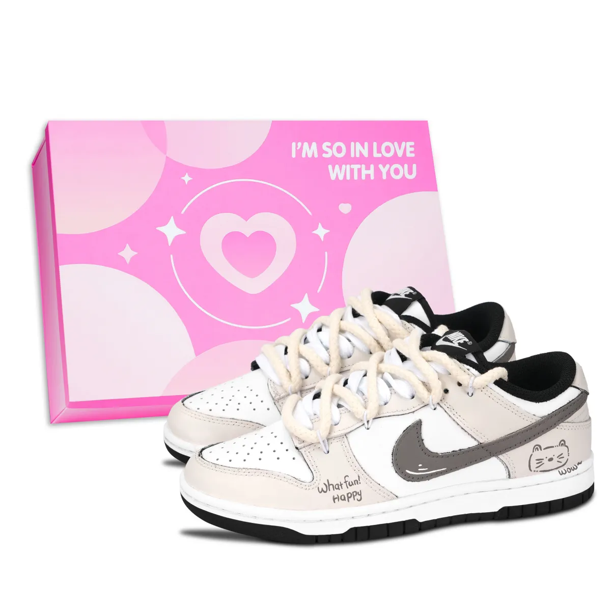 Nike Dunk Black White, Happy Meowth Abrasion Resistant Abrasion Resistant Low top Skateboard Shoes Unisex Beige
