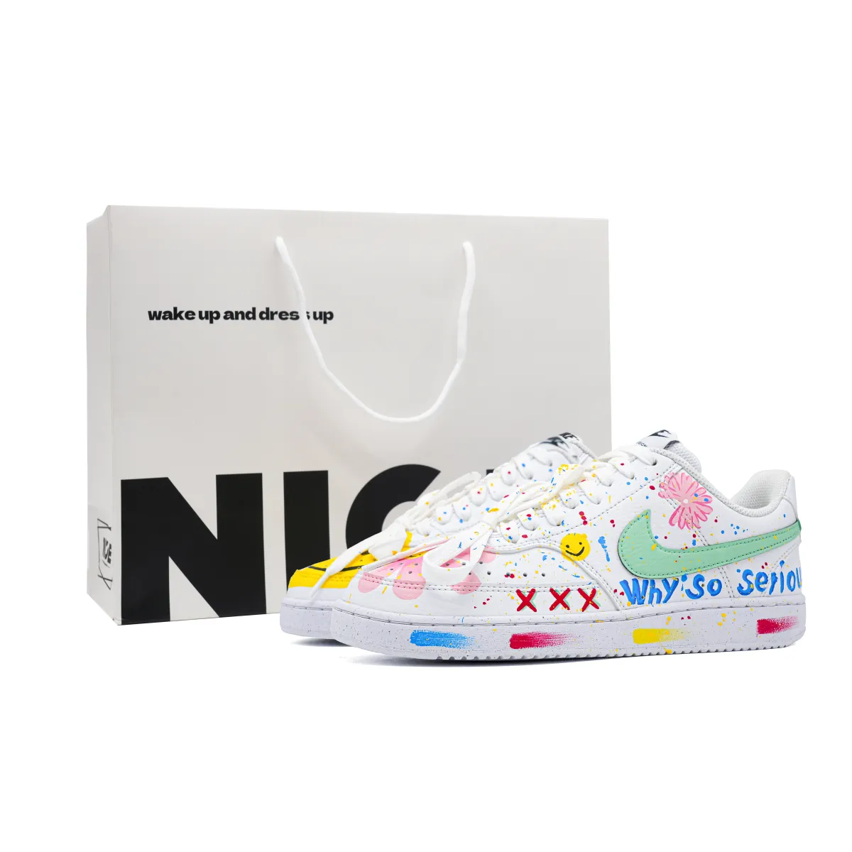 Nike Court Vision Low Mood Kaleidoscope Lightweight Abrasion Resistant Low top Skateboard Shoes Unisex White Green