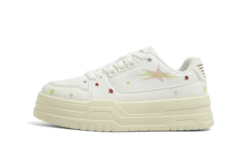 Global HUANQIU Thick-soled Star White Shoes for Students, Versatile and Casual, Non-Slip, Breathable and Increased, Low-top Sneakers, Women's White