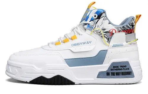 DEERWAY Abrasion Resistant Breathable Height Increasing Mid top Skateboard Shoes Men's White Blue