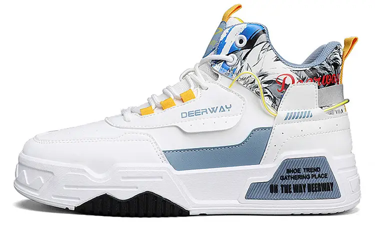 DEERWAY Abrasion Resistant Breathable Height Increasing Mid top Skateboard Shoes Men's White Blue