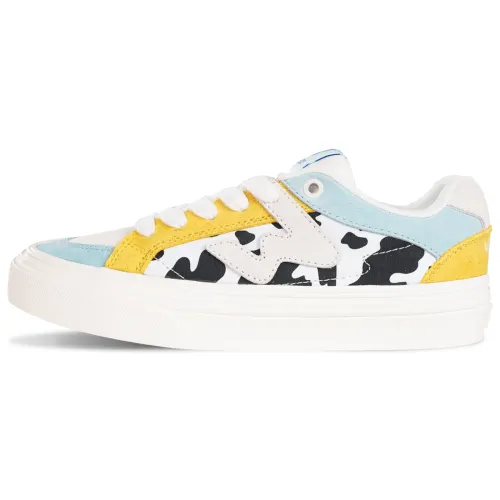 Ollieskate cow pattern print contrasting color stitching, trendy street style, fashionable, casual and versatile, wear-resistant, lightweight and non-slip, low-top sneakers, same style for men and women, yellow and blue