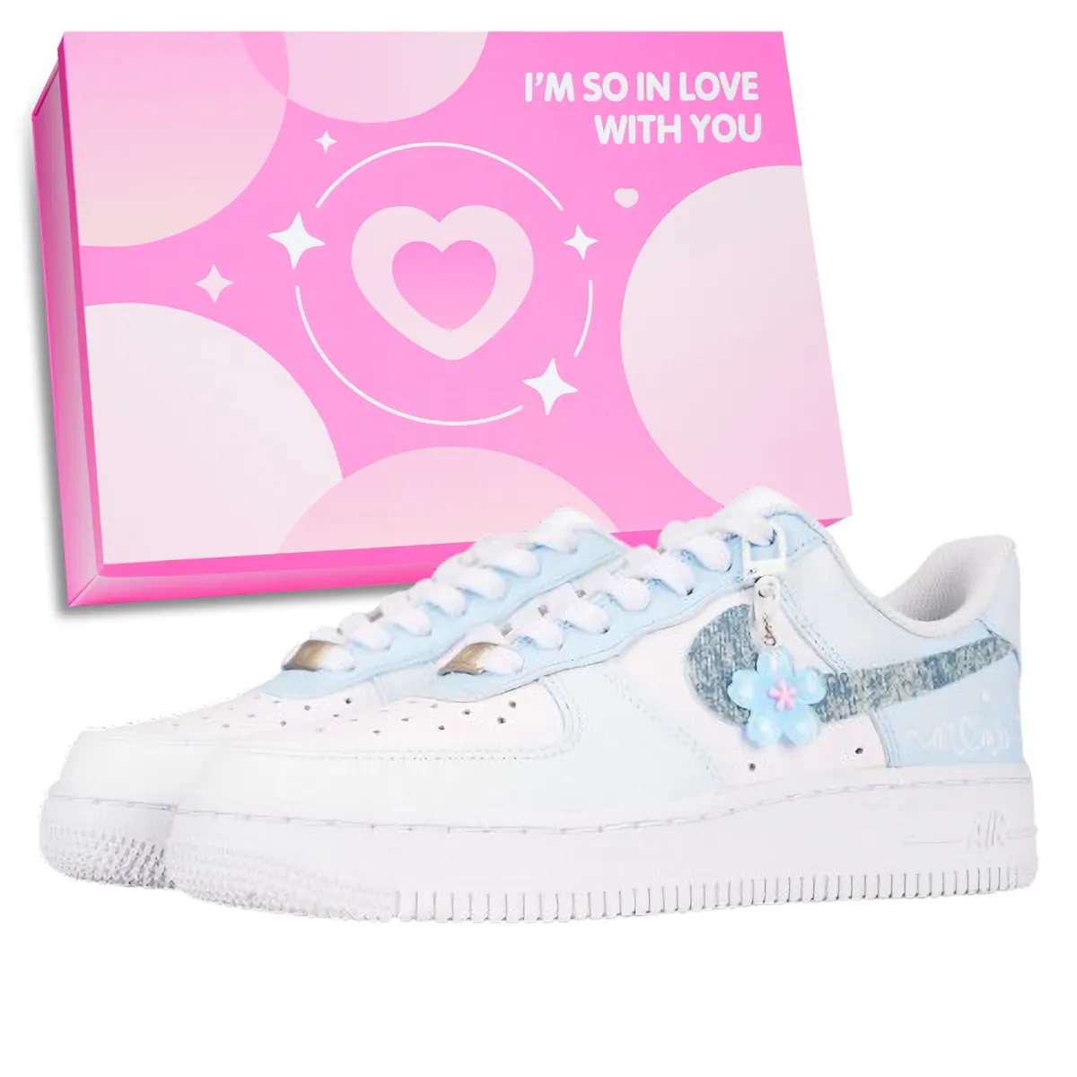 Nike Air Force 1 Small Flower Love Slip Resistant Balance Low top Skateboard Shoes Unisex Light Blue