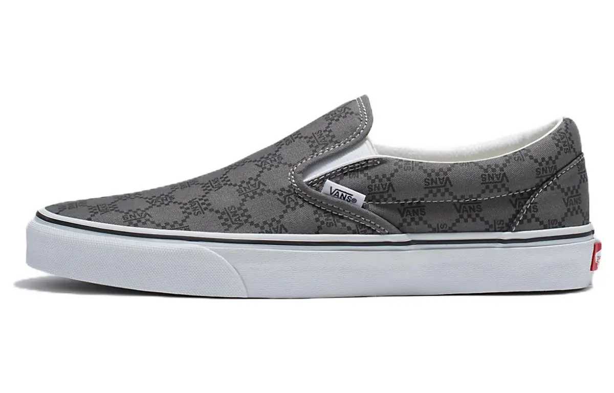 Vans CLASSIC SLIP on Monogram Abrasion Resistant Low top Skateboard Shoes Unisex Gray White