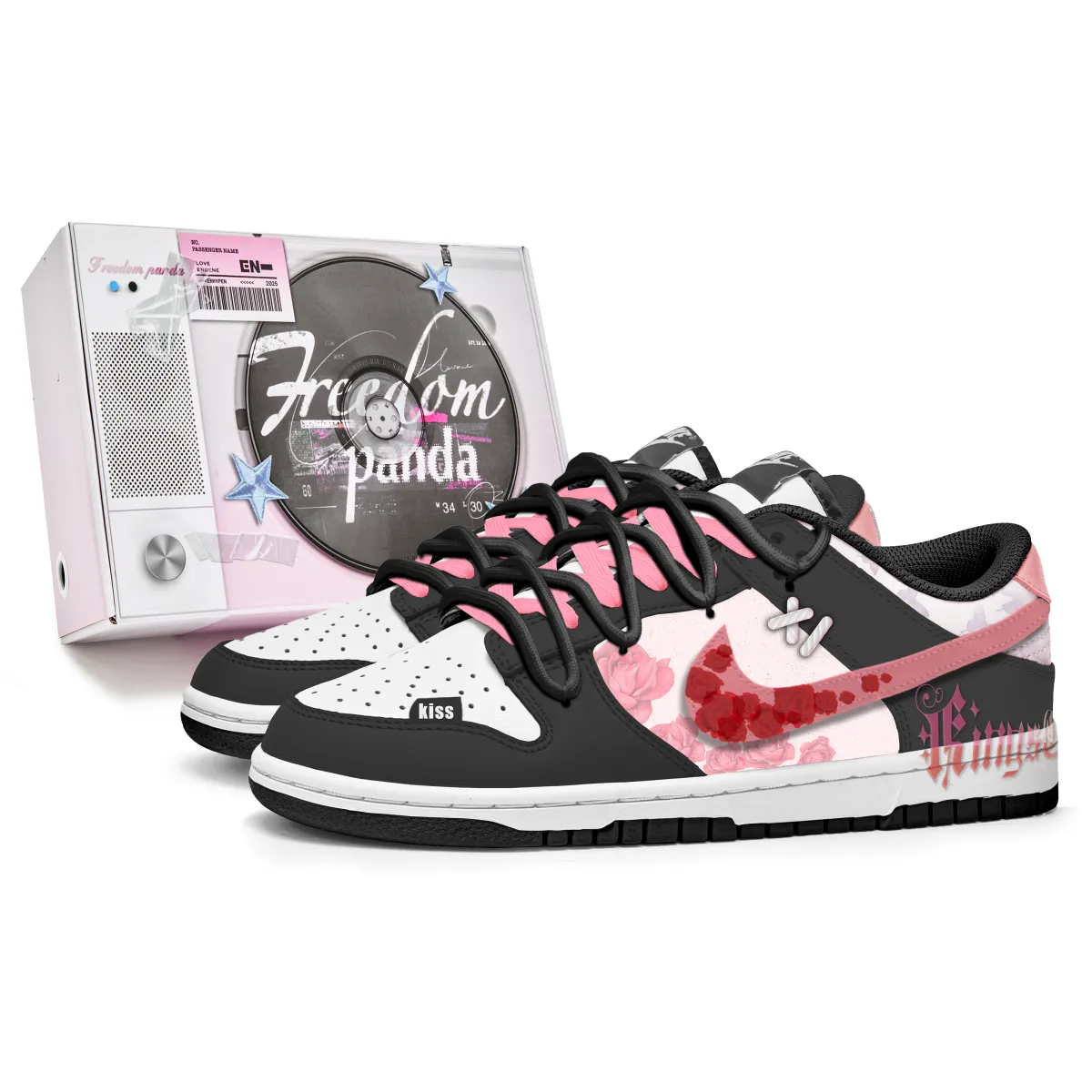 Nike Dunk Freedom Panda, Box, Thorn Rose Slip Resistant Abrasion Resistant Low top Skateboard Shoes Unisex Black Pink