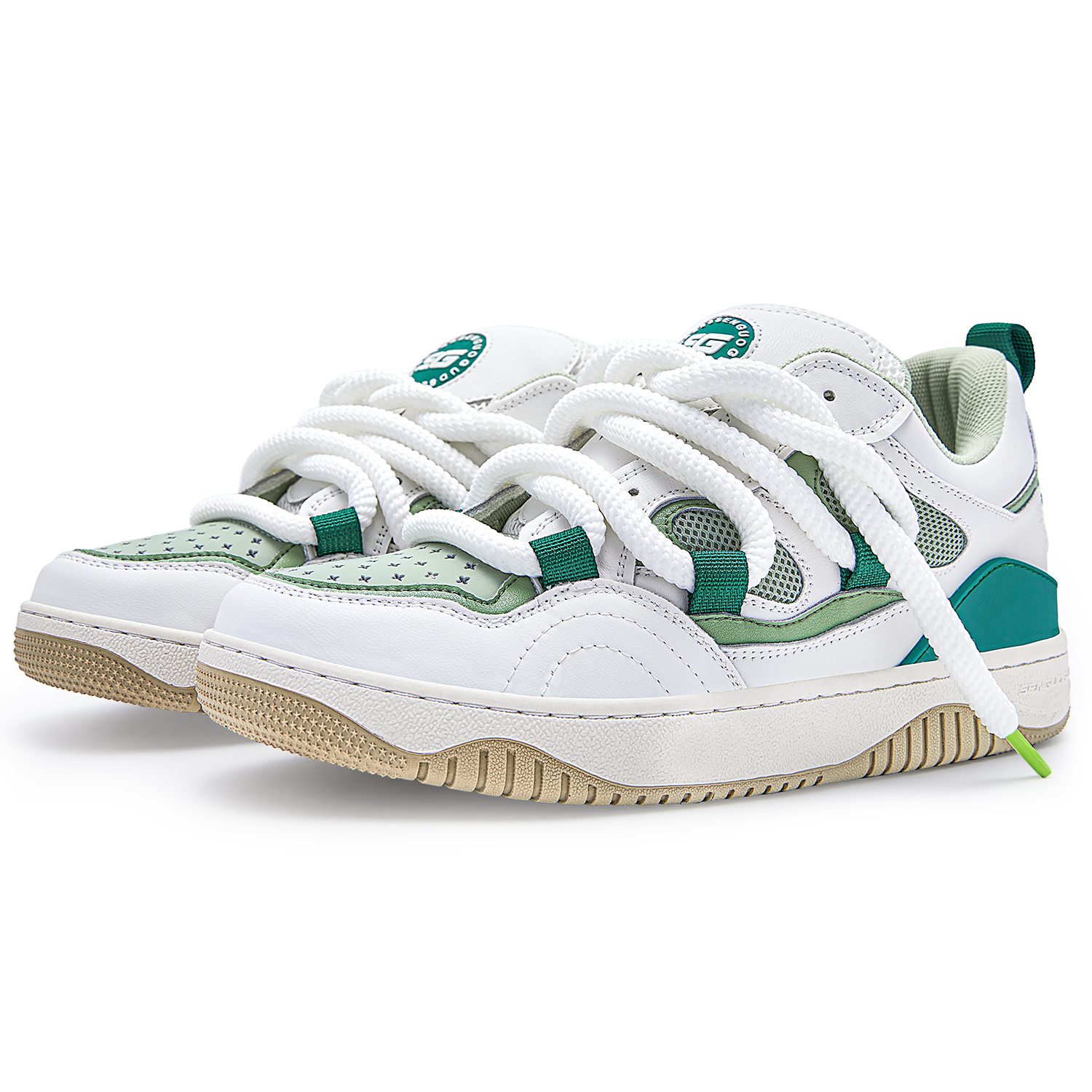SENGUOGUO Cow Split Leather Low top Skateboard Shoes Unisex White Green