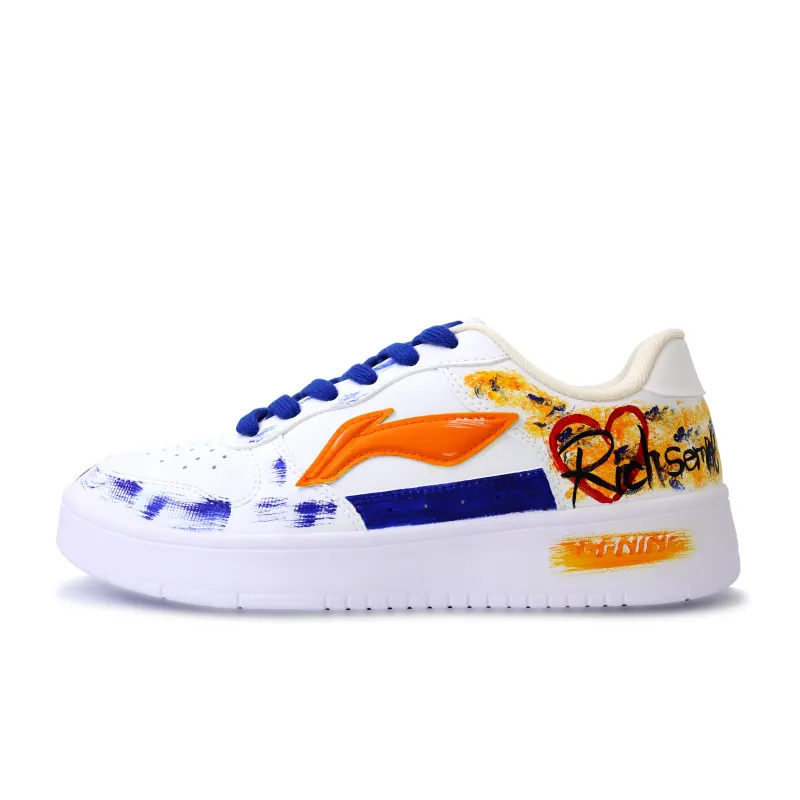 Li Ning Floating Boat Event Blue Orange, Hand Drawn Graffiti Synthetic Leather Abrasion Resistant Breathable Low top