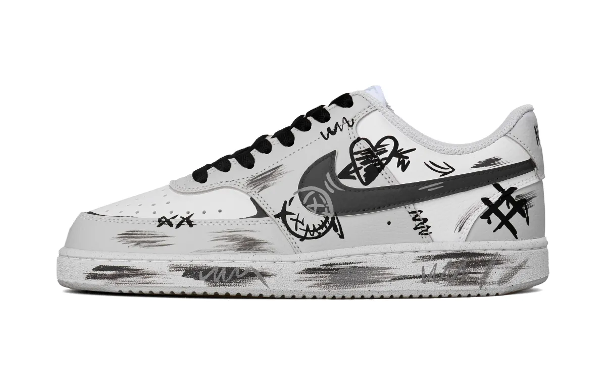 Nike Court Vision Ultimate Custom, Gray Graffiti Abrasion Resistant Low top Skateboard Shoes Men's Black White Gray