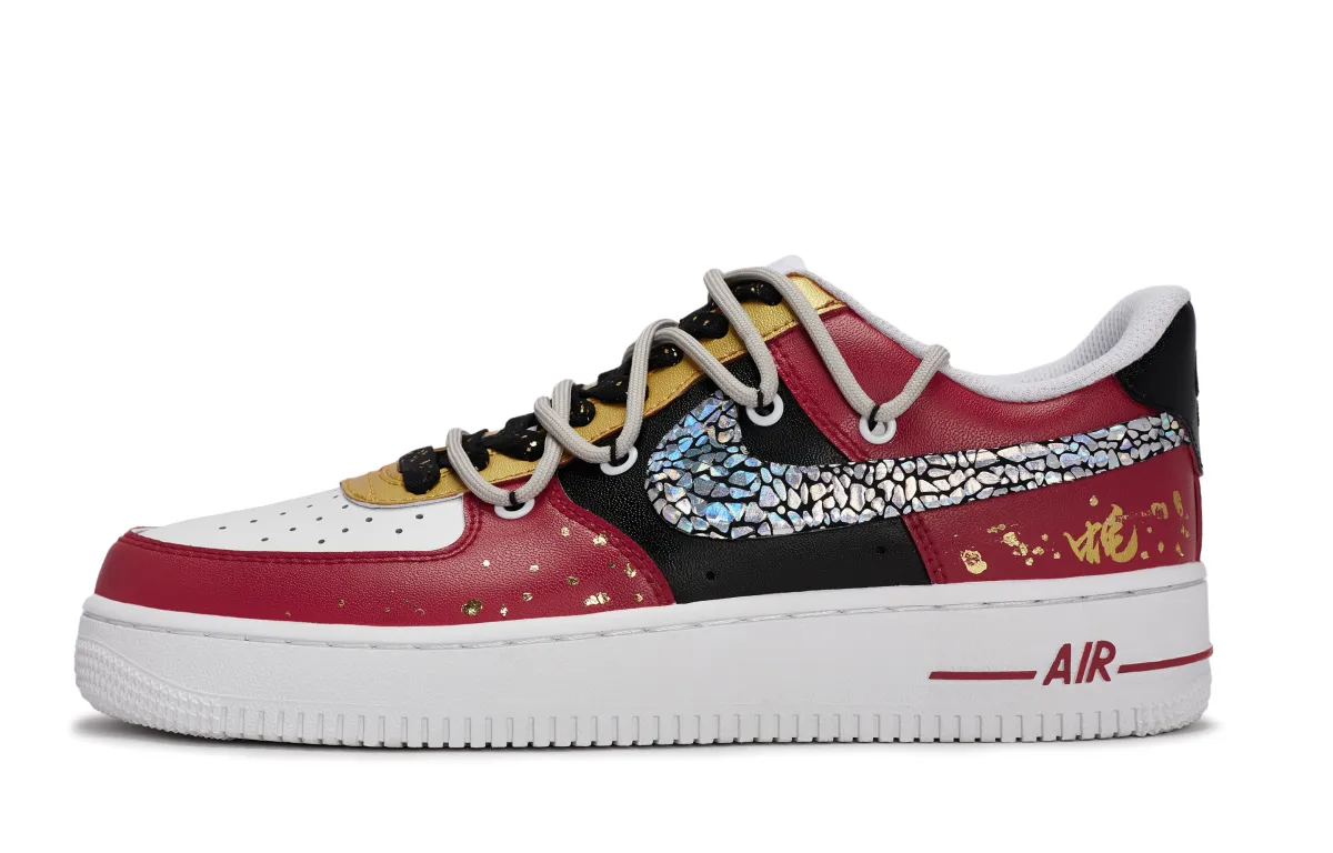 Nike Air Force 1 Slip Resistant Abrasion Resistant Low top Skateboard Shoes Men's Black White Red Gold
