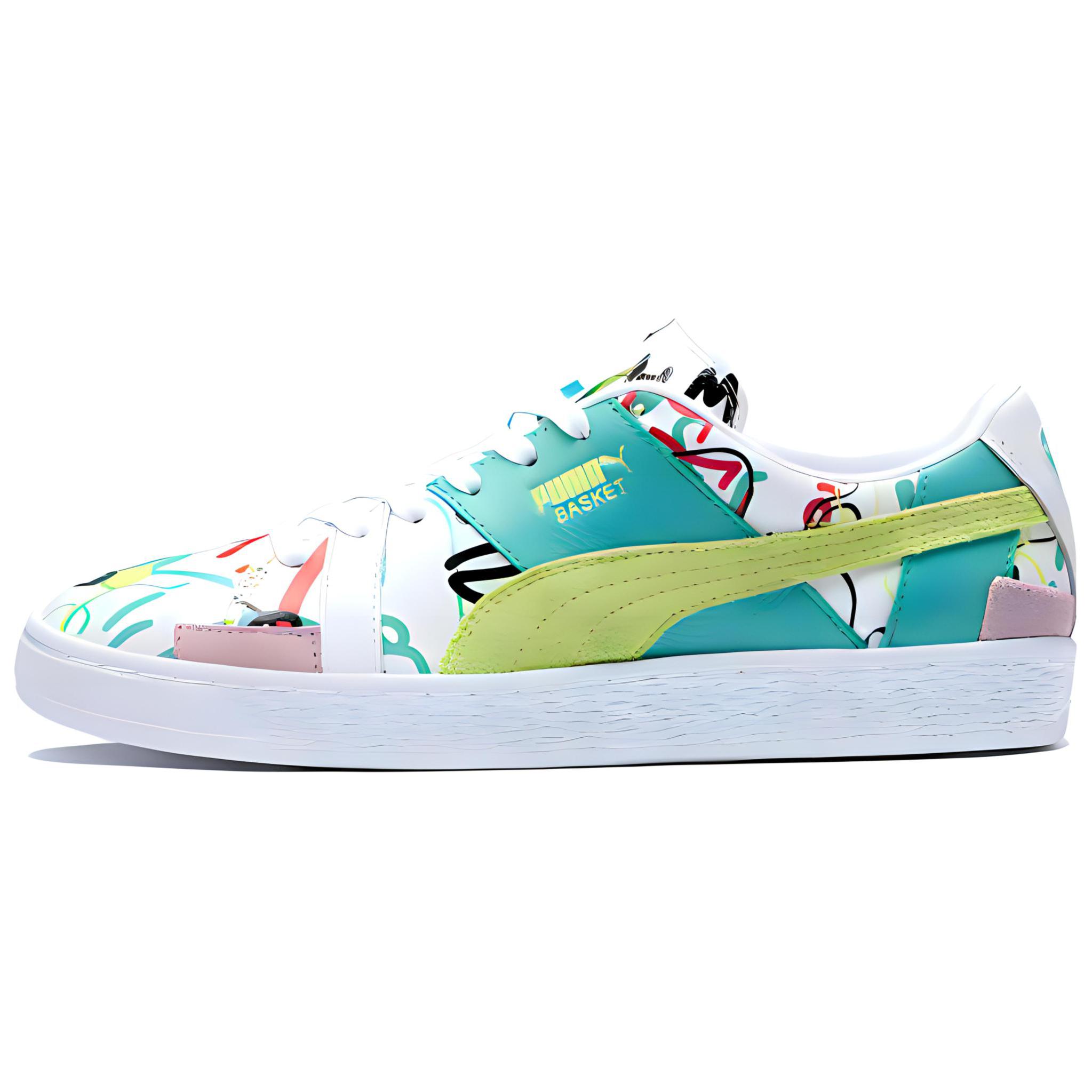 PUMA Basket Skateboard Shoes Women's Low Top White/Green/Yellow
