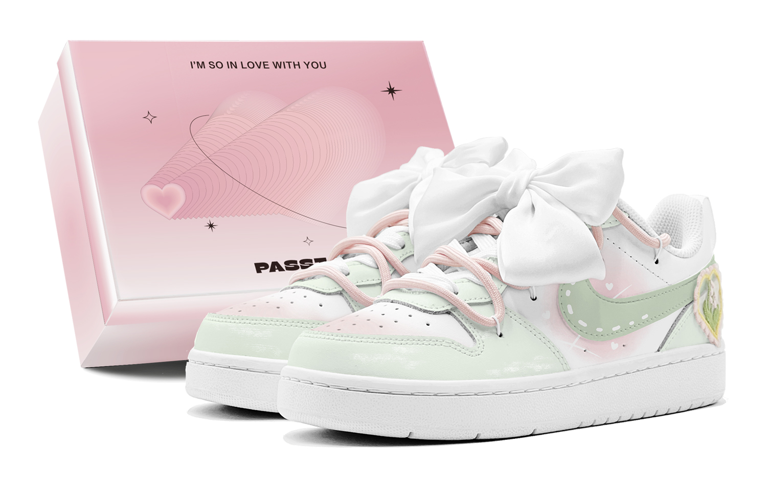 Nike Court Borough Romantic 520 Tulip Love, Bowknot Charm, Detachable Low top Casual Skate Shoes Women's Pink Green