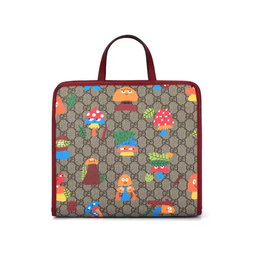 GUCCI Canvas With Leather Tote Bag, Shopping Bag, Portable Kids' Bag Kids' Ebony/Burgundy