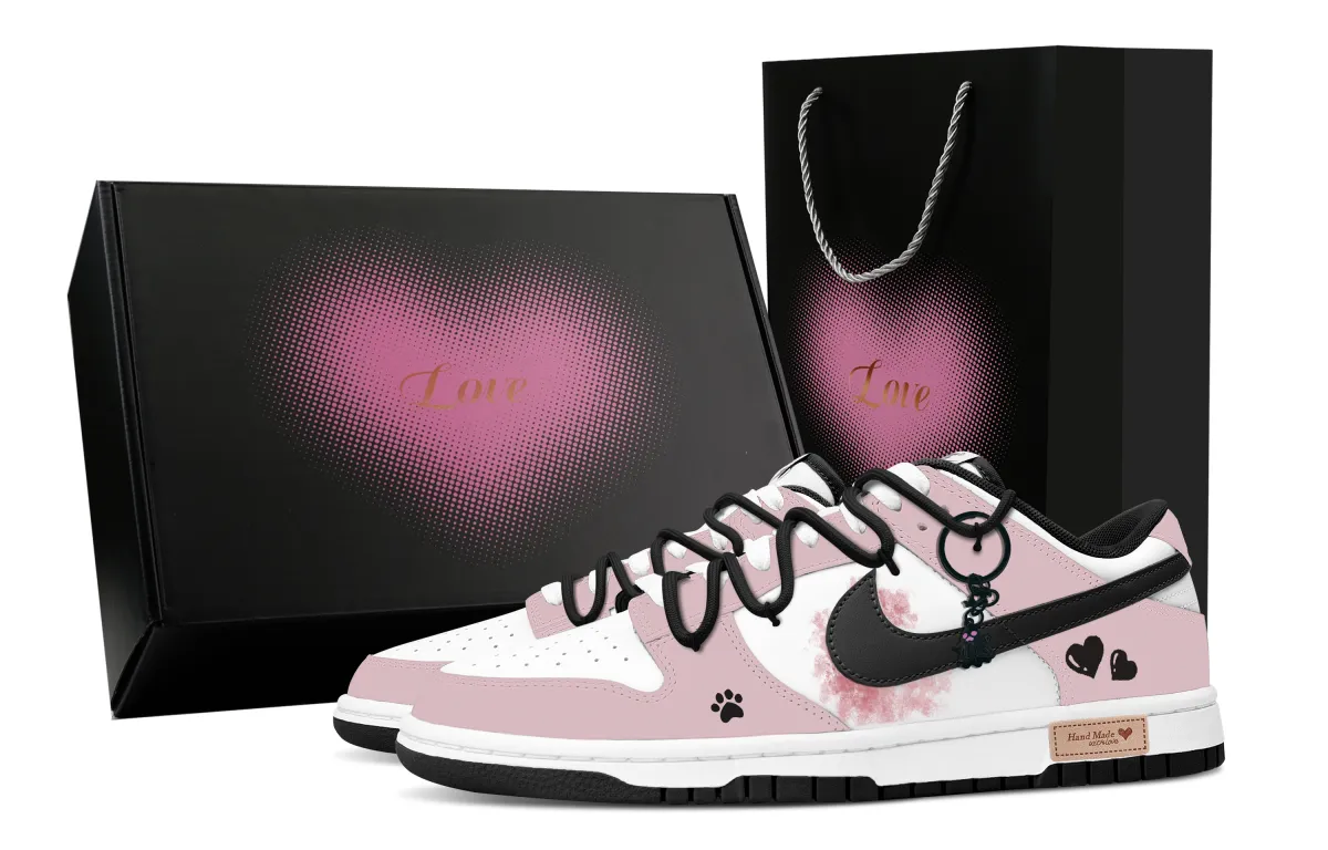 Nike Dunk Black Pink Smash Heart Box Abrasion Resistant Low top Skateboard Shoes Men's Pink