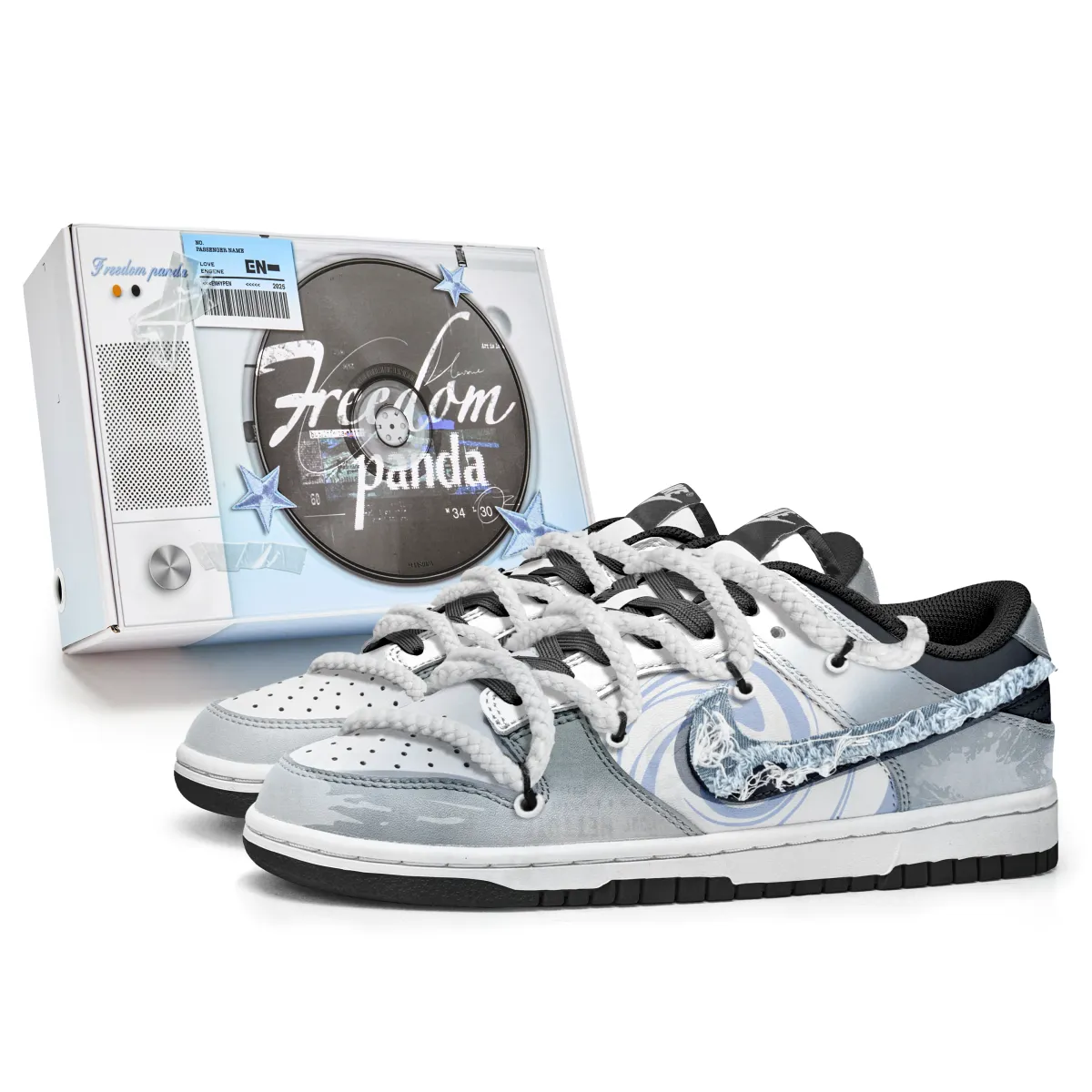 Nike Dunk Freedom Panda, Box, Demon Slip Resistant Abrasion Resistant Low top Skateboard Shoes Unisex Gray Blue