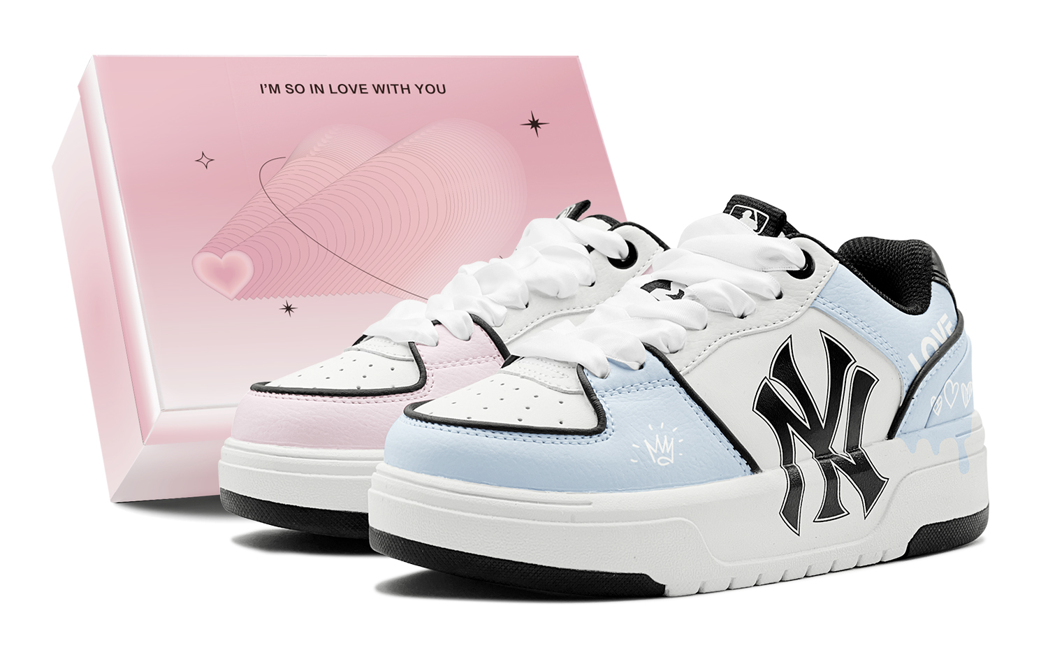 MLB Chunky Liner Summer Travel, Romantic, Blue Pink Mismatched Sweetheart Low top Skateboard Shoes Unisex Pink Blue