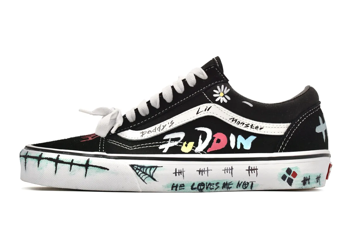 Vans Old Skool Harley Quinn, Graffiti Suede Abrasion Resistant Balance Low top Skateboard Shoes Unisex Black