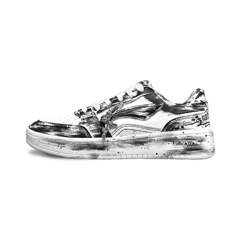 Li Ning Sycee Synthetic Leather Cushioning Abrasion Resistant Slip Resistant Low top Skateboard Shoes Men's Black White