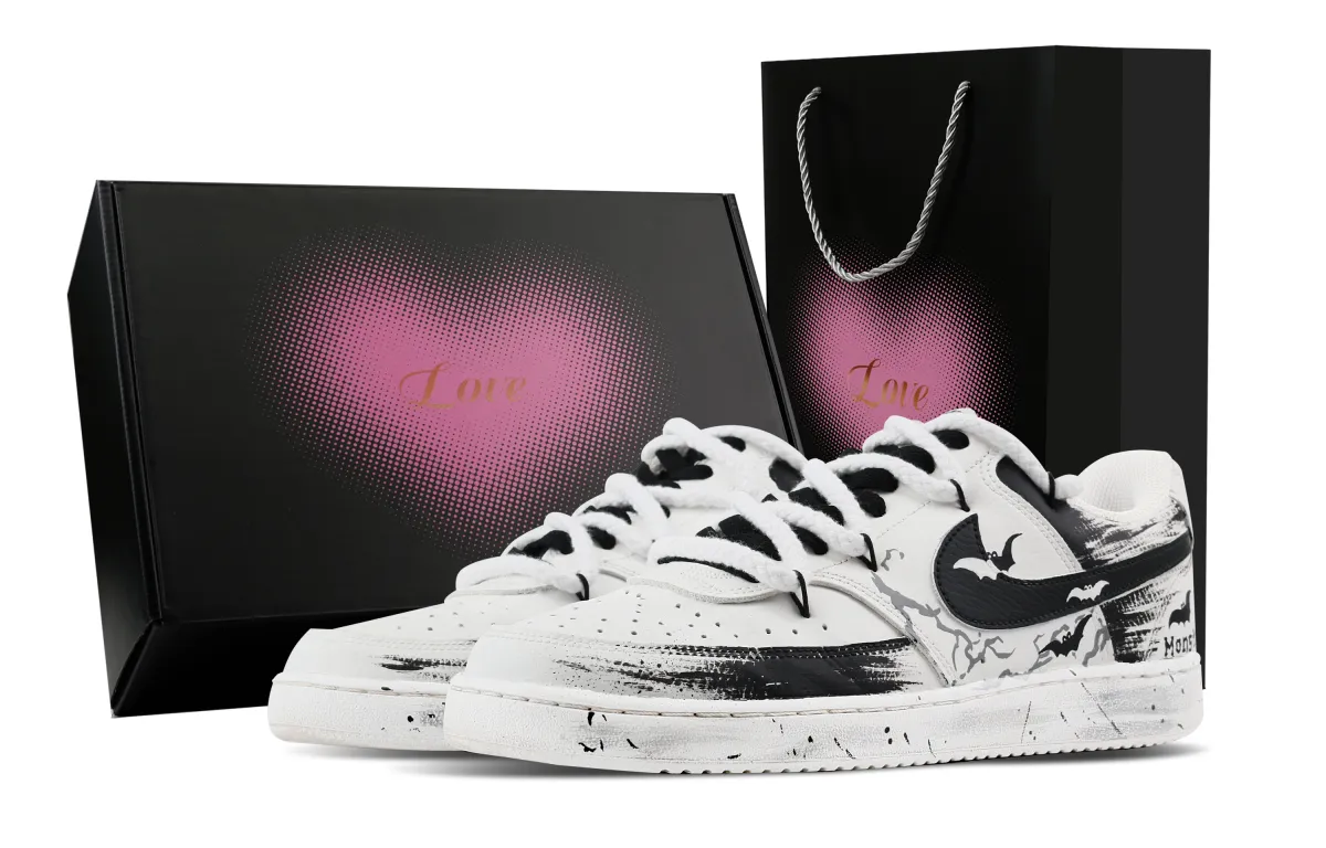 Nike Court Vision 1 Demon Bat, Heart Box Abrasion Resistant Low top Skateboard Shoes Men's Black White