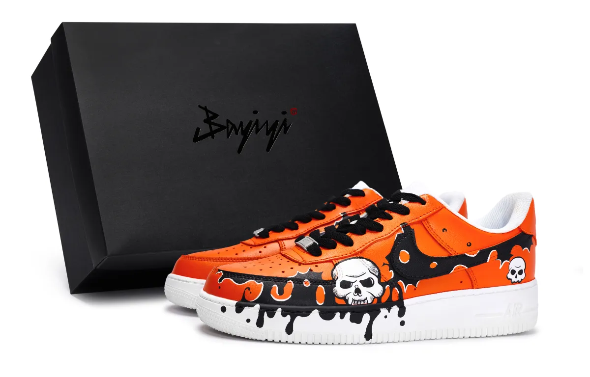 Nike Air Force 1 Slip Resistant Abrasion Resistant Low top Skateboard Shoes Unisex Black White Orange