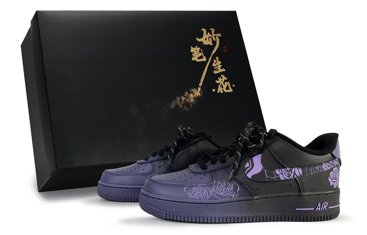 Nike Air Force 1 Ink Blossoms, Purple Rose Love Abrasion Resistant Low top Skateboard Shoes Unisex Purple Black