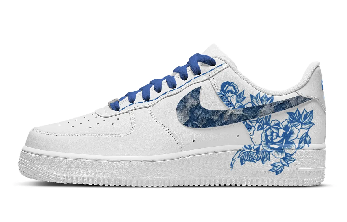 Nike Air Force 1 Blue And White Ancient Charm Slip Resistant Cushioning High top Skateboard Shoes Men's White Blue