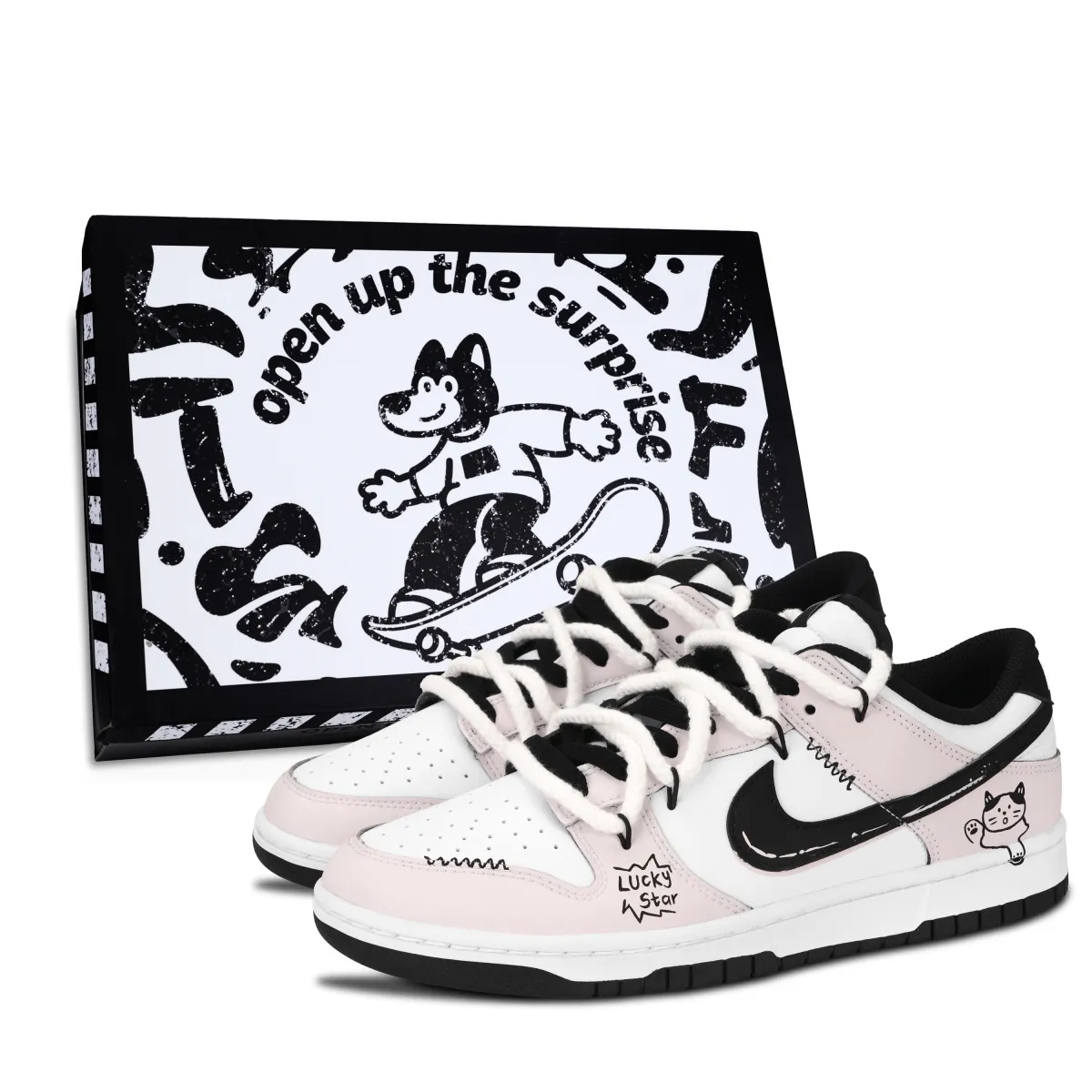 Nike Dunk Black White, Lucky Kitten Abrasion Resistant Abrasion Resistant Low top Skateboard Shoes Unisex Light Pink