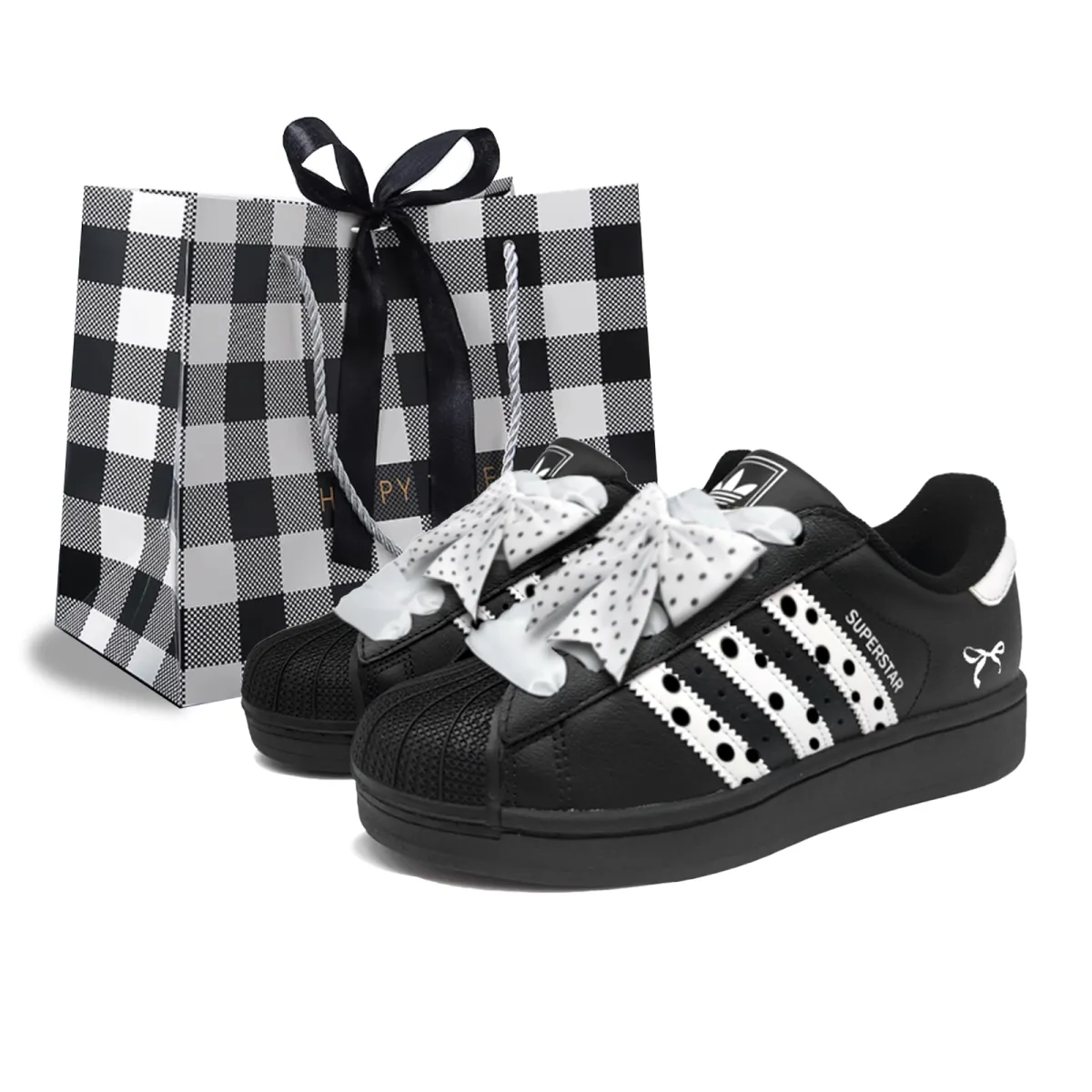 Adidas Originals SUPERSTAR Polka Dot Black Pearl, Shopping Bag Abrasion Resistant Low top Skateboard Shoes Women's