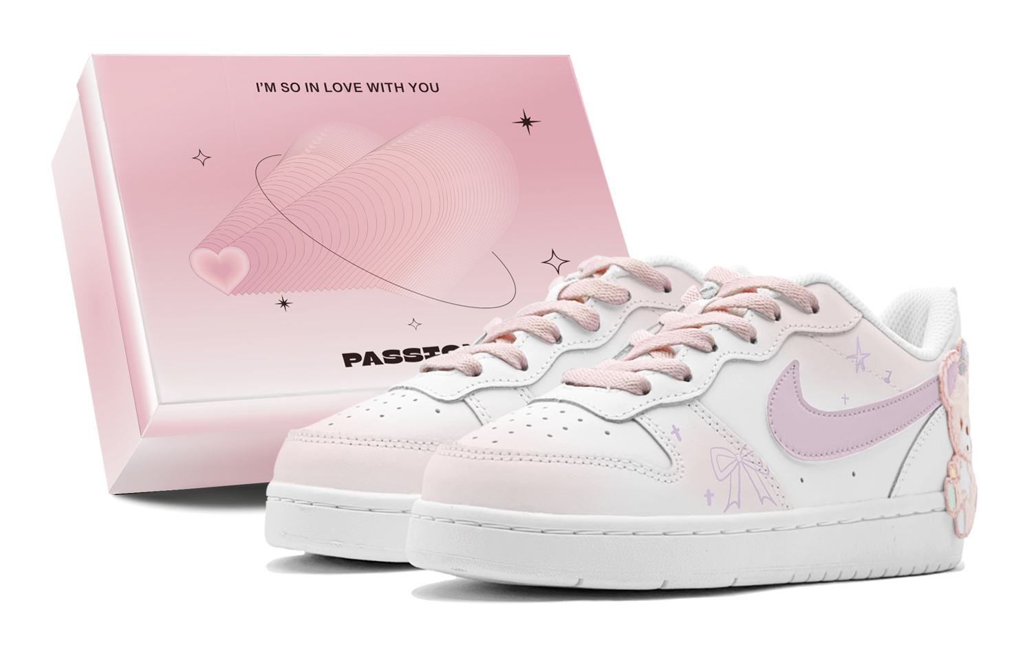 Nike Court Borough Romantic 520 Bear Sweetheart, Sweet Girl Outfit Low top Casual Skate Shoes Women's Pink White