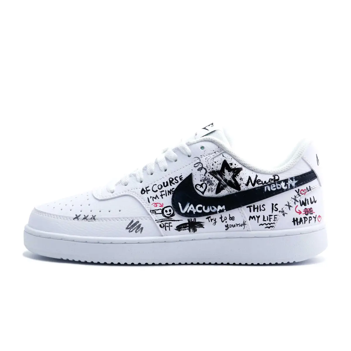 Nike Court Vision 1 Graffiti Star Slip Resistant Lightweight Low top Skateboard Shoes Men's Black White