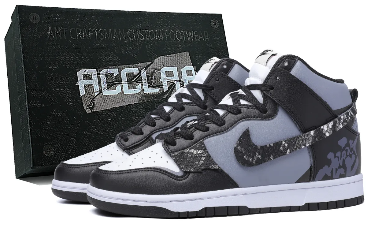 Nike Dunk Leather Abrasion Resistant High top Skateboard Shoes Unisex Silver Black