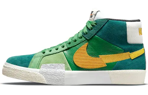Nike SB Blazer MID MOSAIC canvas fabric two-layer cowhide, mosaic, broken hook, non-slip, wear-resistant and lightweight, mid-cut sneakers, same style for men and women, green and yellow