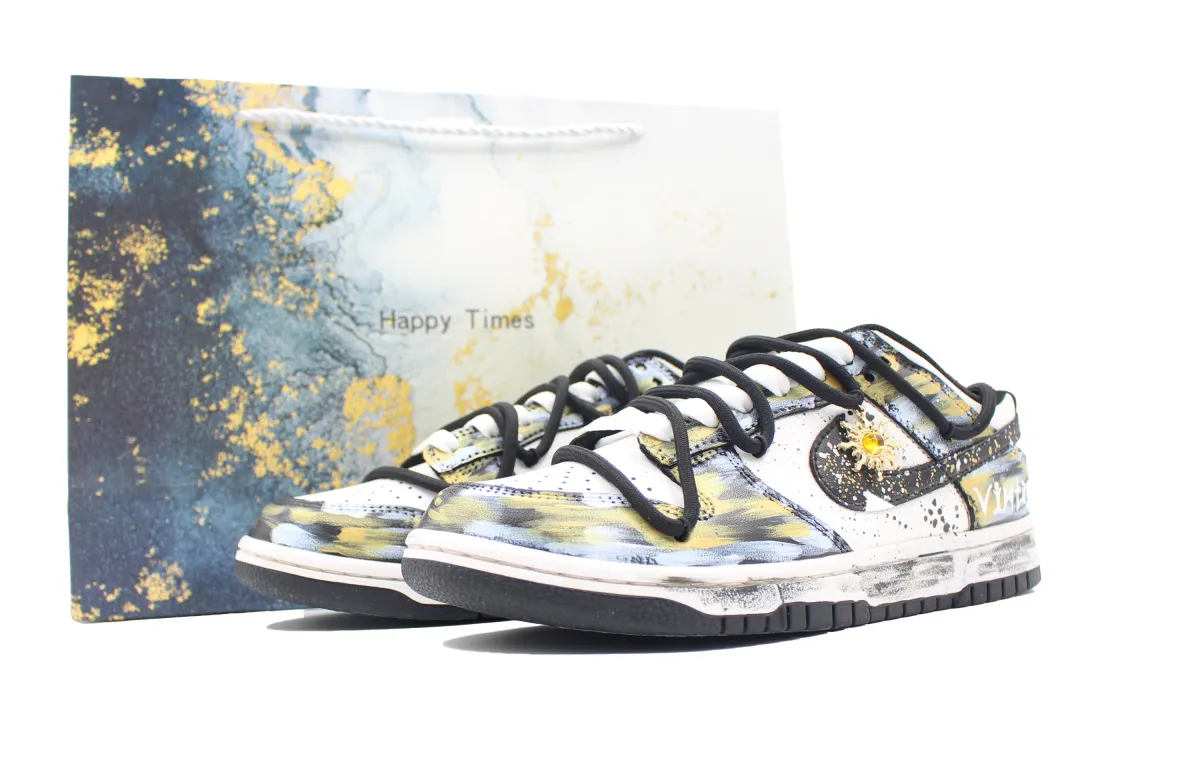 Nike Dunk Gold Mining In The Waves, Box Coverage Abrasion Resistant Low top Skateboard Shoes Unisex Black White Gold