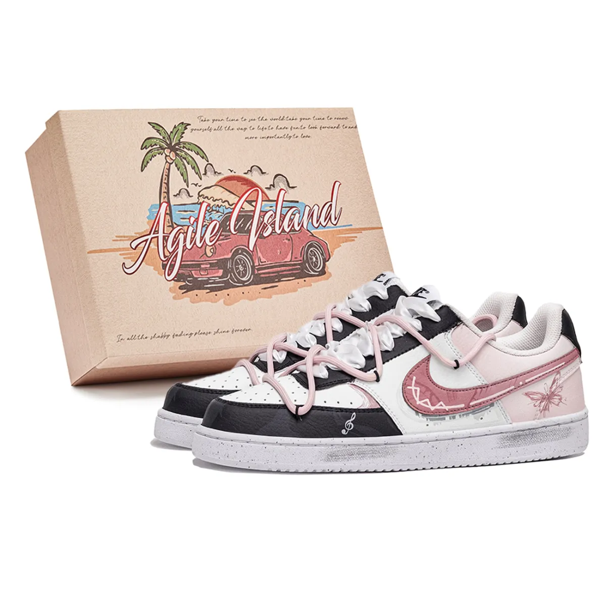 Nike Court Vision 1 Lively Island, Box, Dreams Of The Shallow Low top Skateboard Shoes Men's Pink White