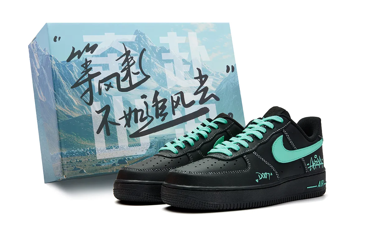 Nike Air Force 1 Slip Resistant Abrasion Resistant Low top Skateboard Shoes Unisex Black Cyan