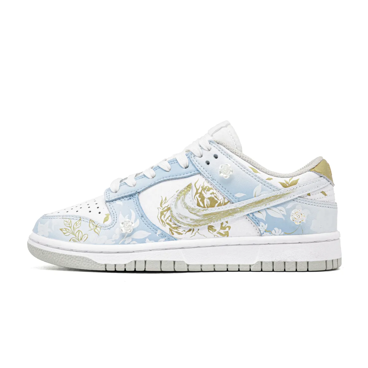 Nike Dunk Fortune Love, Footprint Innovation Leather Abrasion Resistant Low top Skateboard Shoes Unisex White Blue Gold