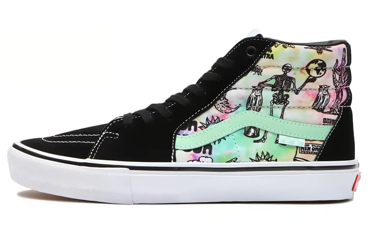Vans Shroom Doom Skate Sk8 Hi Textile, Leather Abrasion Resistant High top Skateboard Shoes Unisex Black Pink Green