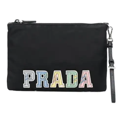 PRADA Letter Nylon Clutch Women's Black