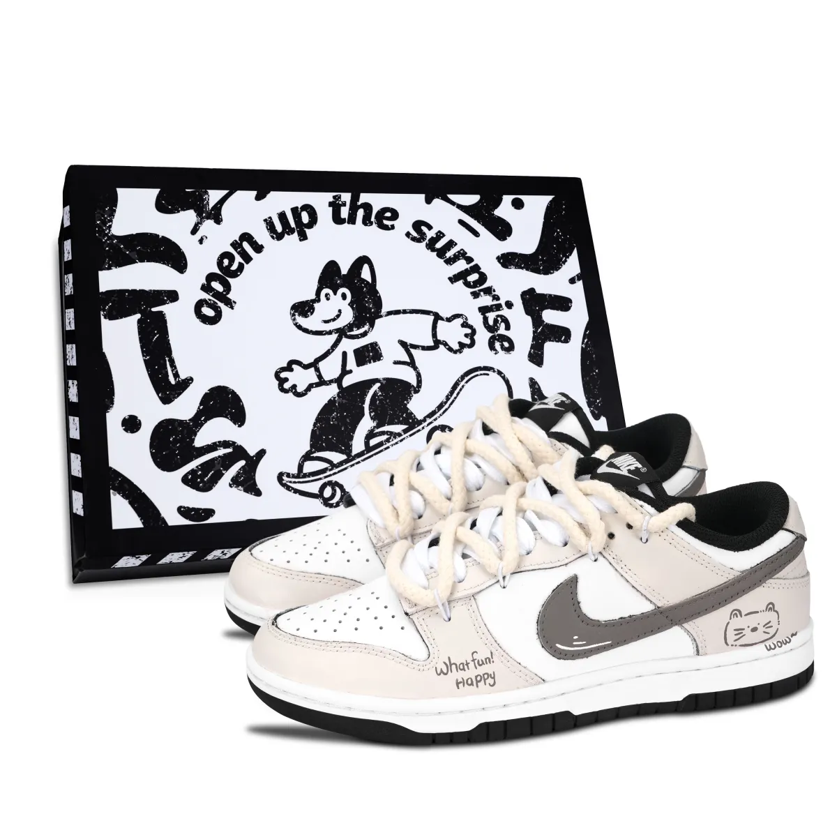 Nike Dunk Black White, Happy Meowth Abrasion Resistant Low top Skateboard Shoes Unisex Beige
