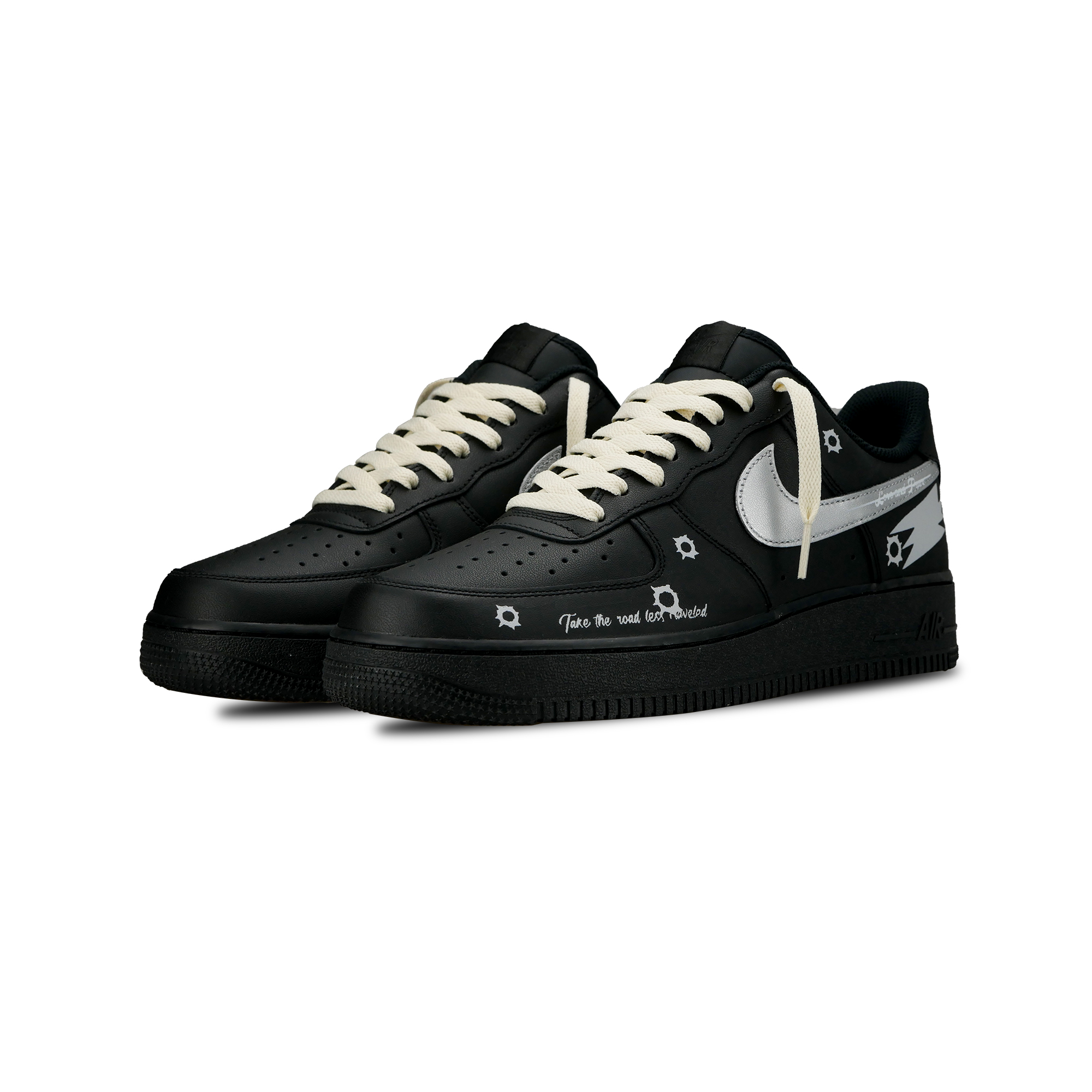 Nike Air Force 1 07 Triple Black, Peace And Love Low top Skateboard Shoes Unisex Black Silver