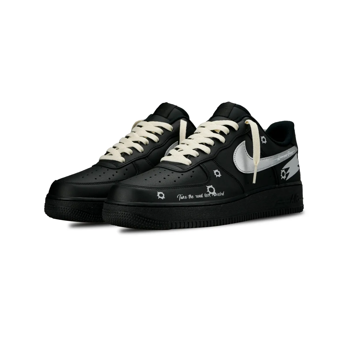 Nike Air Force 1 07 Triple Black, Peace And Love Low top Skateboard Shoes Unisex Black Silver
