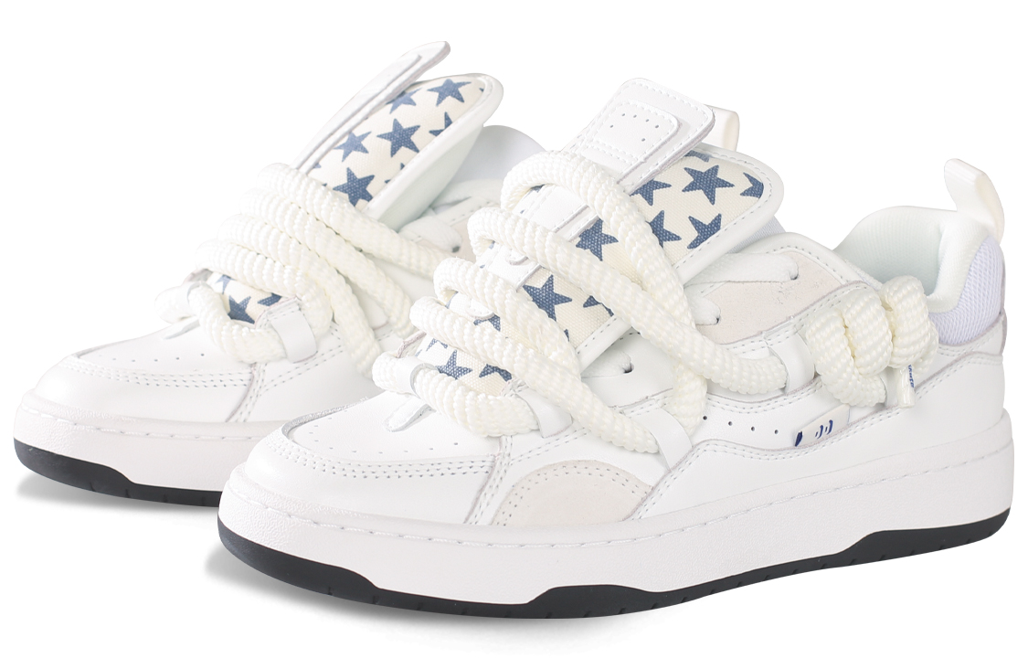 Ollieskate Puffy Shoes Slip Resistant Abrasion Resistant Low top Skateboard Shoes Unisex White Blue