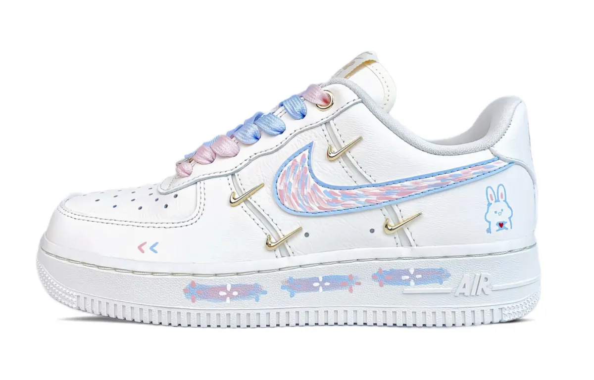 Nike Air Force 1 Leather Abrasion Resistant Low top Skateboard Shoes Women's White Pink Blue