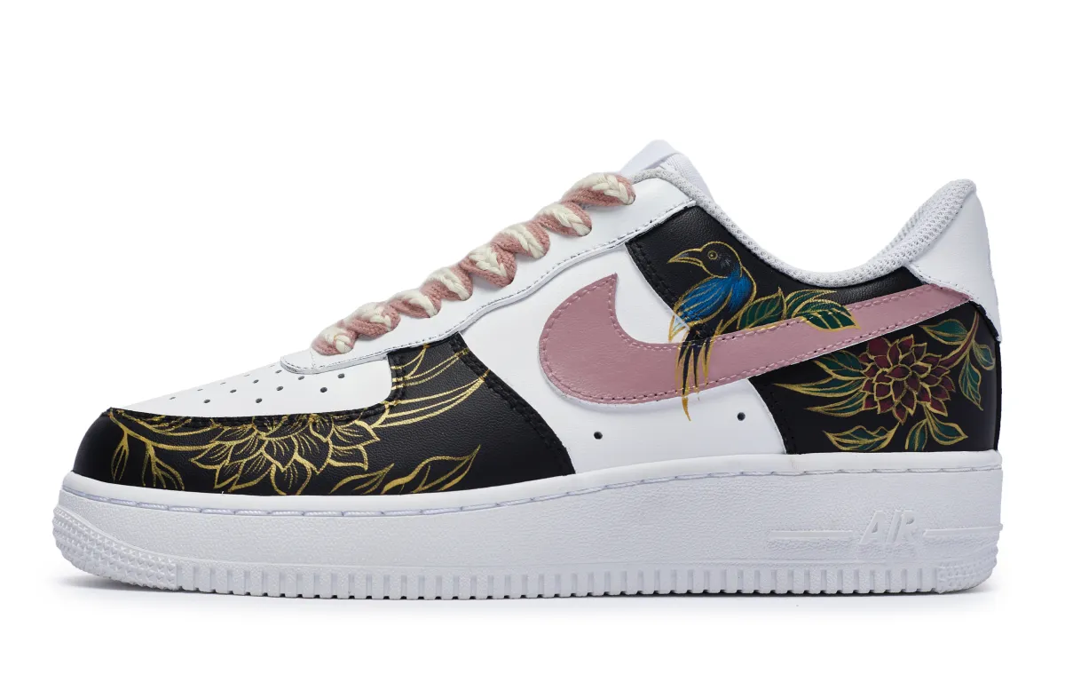 Nike Air Force 1 811 Manufacturing, Magpie On The Branch Low top Skateboard Shoes Women's Black White Pink Gold
