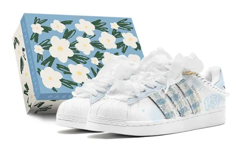 Adidas Originals SUPERSTAR Romantic 520 Chanel Inspired, Blue Camellia, White Silk Shoelace Low top Skateboard Shoes