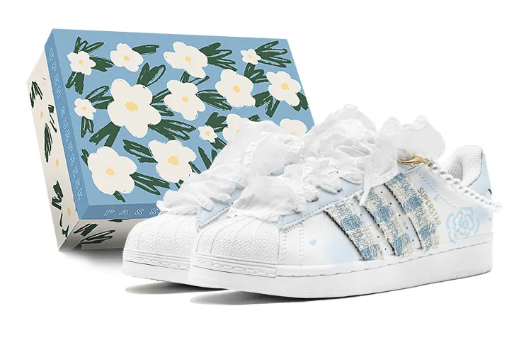 Adidas Originals SUPERSTAR Romantic 520 Chanel Inspired, Blue Camellia, White Silk Shoelace Low top Skateboard Shoes