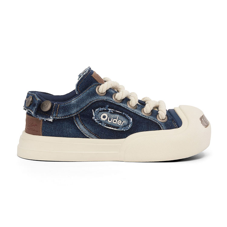 Ouder Washable Vintage Distressed Denim Low top Canvas Skateboard Shoes Unisex Blue