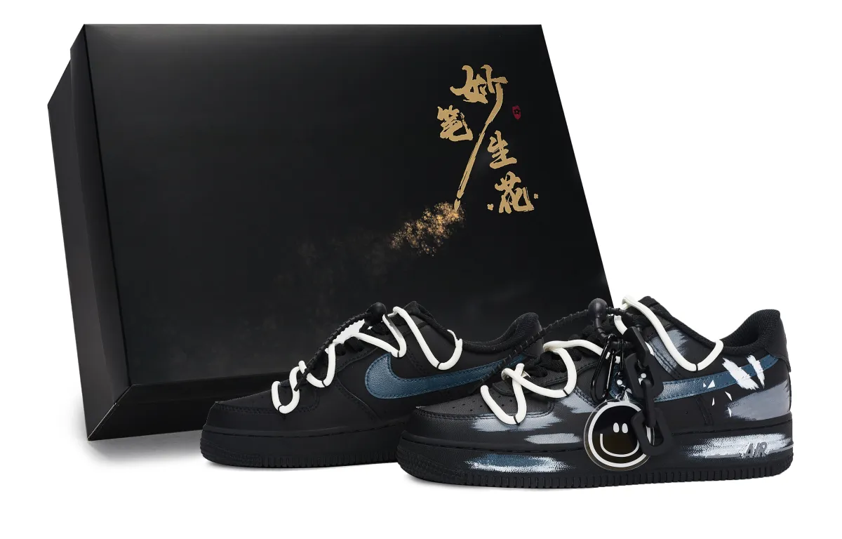 Nike Air Force 1 Wondrous Pen Blossoms, Happy Kingdom King Low top Skateboard Shoes Unisex Black Gray Blue